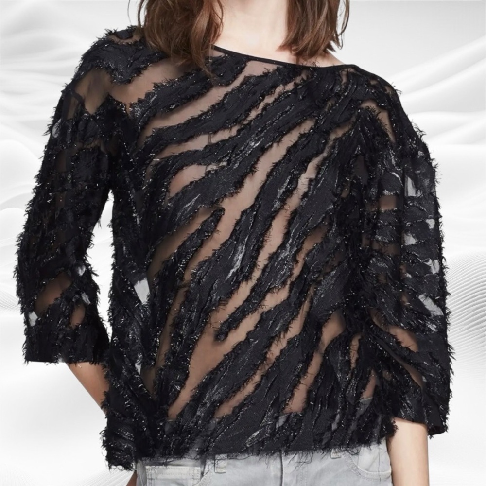 IRO Black "Ornela" Burnout Silk Blend Blouse Sz38=US 6 3/4 sleeve‎ Boat neck